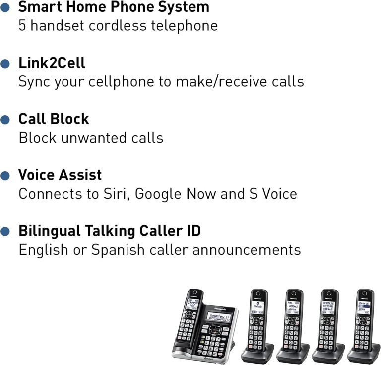 Panasonic Link2Cell Bluetooth Cordless Phone System with Voice Assistant, Call Block and Answering Machine, Expandable Home Phone with 5 Handsets â€“ KX-TGF575S (Black with Silver Trim)