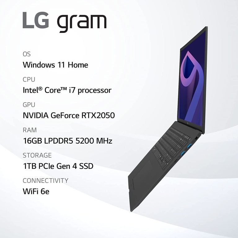 LG Gram (2022) 16Z90Q Ultra Lightweight Laptop, 16″ (2560 x 1600) IPS Display, Intel i7 1260P CPU, NVIDIA RTX2050 GPU, 16GB RAM, 1TB NVMe SSD, FHD Webcam, WiFi 6E, Thunderbolt 4, Windows 11, Gray
