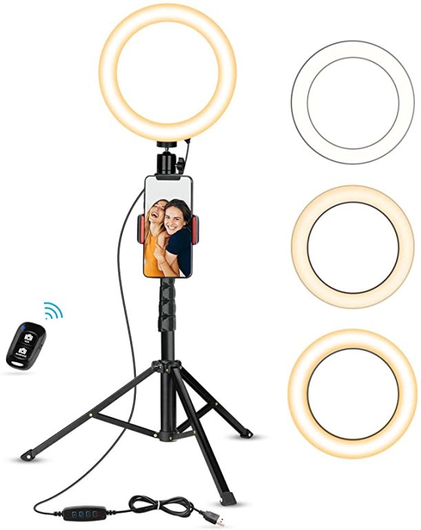 UBeesize Selfie Ring Light with Tripod Stand & Cell Phone Holder for Live Stream/Makeup, Mini Led Camera Ringlight for YouTube Videos/Photography(Black)