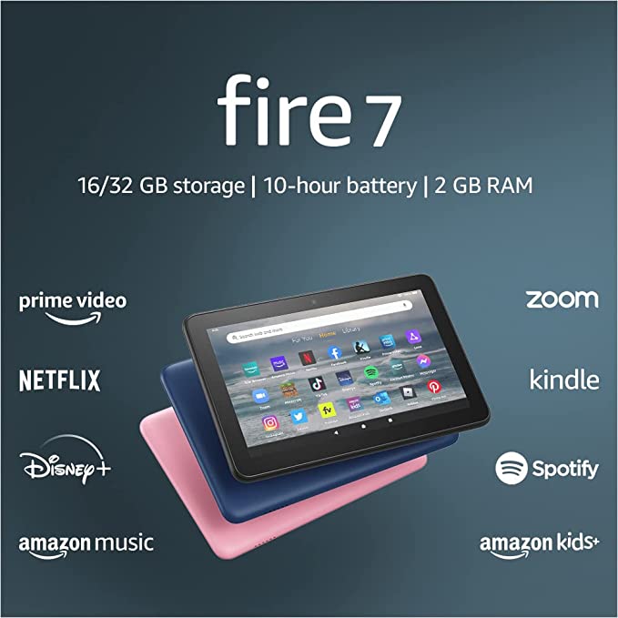 Amazon Fire 7 tablet, 7” display, 16 GB, 10 hours battery life, light and portable for entertainment at home or on-the-go, (2022 release), Black, without lockscreen ads