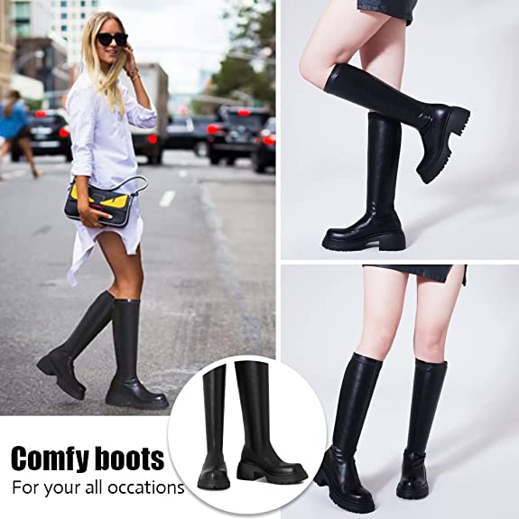 Kalstage Black Platform Boots Round Toe Chunky High Heels Pull-on Stretch Leather Boots Goth Punk Platform Boots Knee High Boots for Women