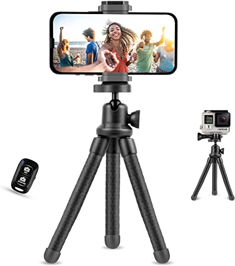 UBeesize Flexible Phone Tripod Stand, Small and Mini Tripod with Wireless Remote and Clip, Rubberized Desk iPhone Stand for Selfies,Video Recording,Compatible with All Cellphones, Cameras, Gopro1