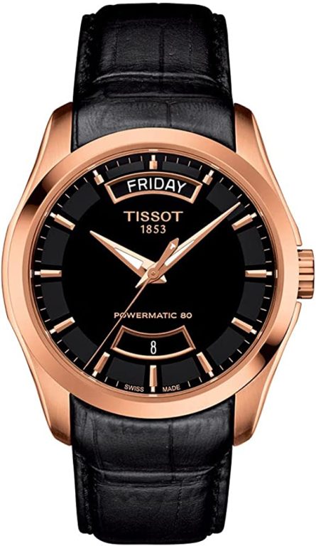 Tissot Mens Couturier 316L Stainless Steel case with Rose Gold PVD Coating Swiss Automatic Watch, Black, Leather, 22 (T0354073605101)