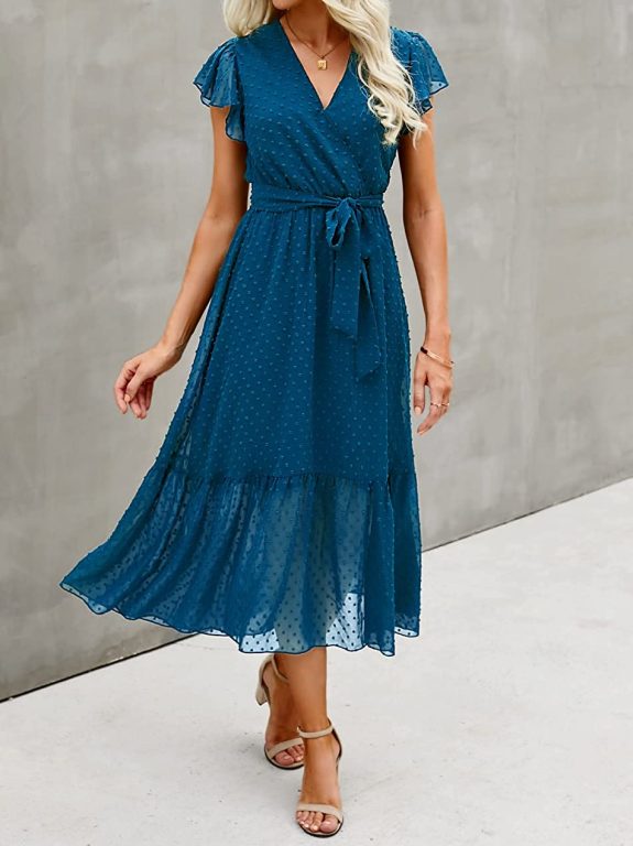 BTFBM Women Summer Bohemian Floral Casual Wrap V Neck Ruffle Cap Sleeveless Belt A-Line Pleated Hem Swing Midi Sun Dress