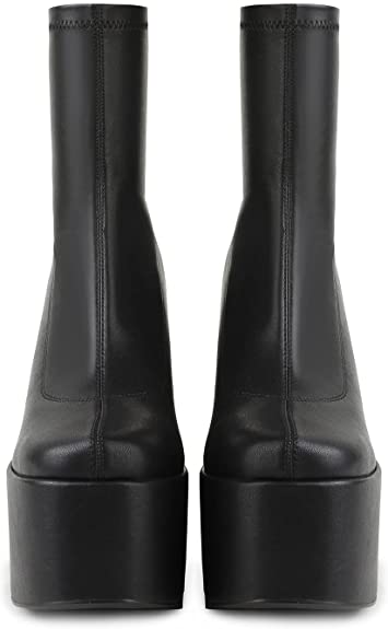 Easyfox Platform Boots for Women Mid Calf Chunky High Heels Ankle Booties Slip on Round Toe Elastic PU Leather Short Boots