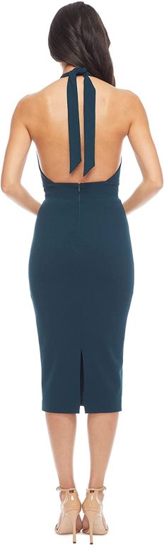 Dress the Population Women’s Vanessa Deep Plunge Neckline Halter Bodycon Midi Dress