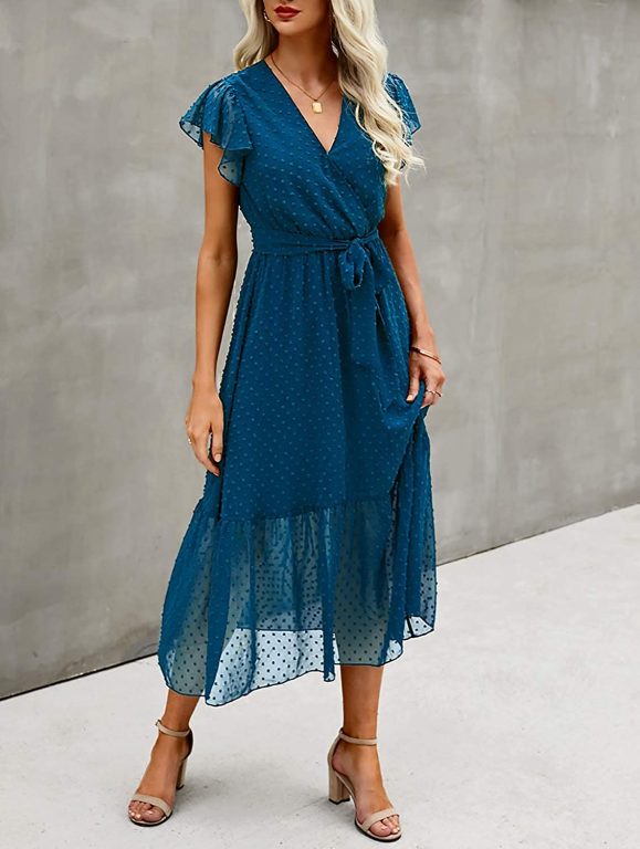 BTFBM Women Summer Bohemian Floral Casual Wrap V Neck Ruffle Cap Sleeveless Belt A-Line Pleated Hem Swing Midi Sun Dress