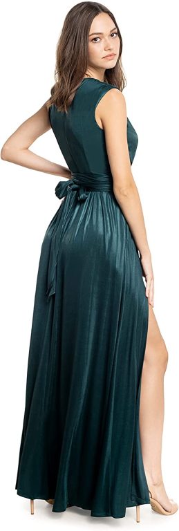 Dress the Population Women’s Krista V Neck Tie Waist Coated Jersey Slit Front Maxi Dress