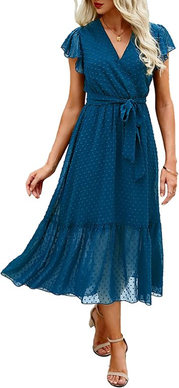 BTFBM Women Summer Bohemian Floral Casual Wrap V Neck Ruffle Cap Sleeveless Belt A-Line Pleated Hem Swing Midi Sun Dress