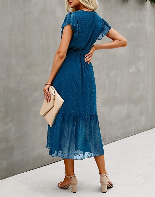 BTFBM Women Summer Bohemian Floral Casual Wrap V Neck Ruffle Cap Sleeveless Belt A-Line Pleated Hem Swing Midi Sun Dress