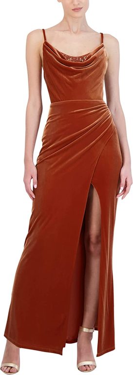 BCBGMAXAZRIA Women’s Fit and Flare Long Evening Gown Adjustable Spaghetti Strap Cowl Neck Sequin Trim Corset Dress