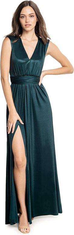 Dress the Population Women’s Krista V Neck Tie Waist Coated Jersey Slit Front Maxi Dress