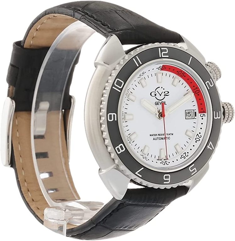 GV2 Men’s Swiss Automatic from The Squalo Collection, Genuine Black Leather Strap Watch