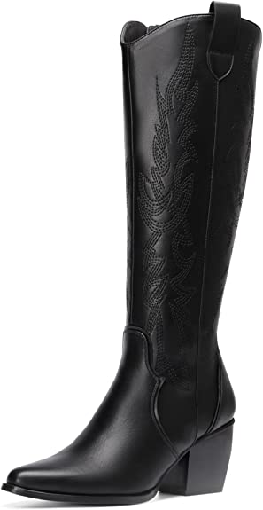 DREAM PAIRS Womens Cowboy Boots, Comfortable Pull On Zipper Chunky Heel Pointed Toe Embroidered Western Cowgirl Knee High Boots