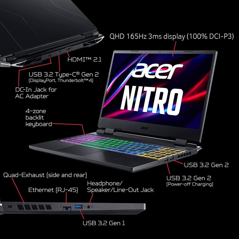 Acer Nitro 5 AN515-58-7583 Gaming Laptop | Intel Core i7-12700H | NVIDIA GeForce RTX 3070 Ti Laptop GPU | 15.6″ QHD 165Hz 3ms IPS Display | 16GB DDR4 | 2TB SSD in RAID 0 | Killer WiFi 6 | RGB Keyboard