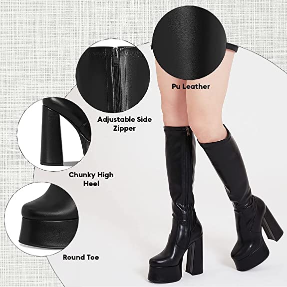 Kalstage Platform Boots for Women Round Toe Side Zipper Leather Motorcycle Boots Knee High Boots Chunky Heels Stretch GoGo Boots
