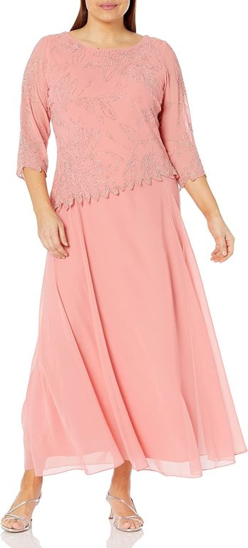 J Kara Women’s Plus Size 3/4 Sleeve Long Beaded Floral Design Dress