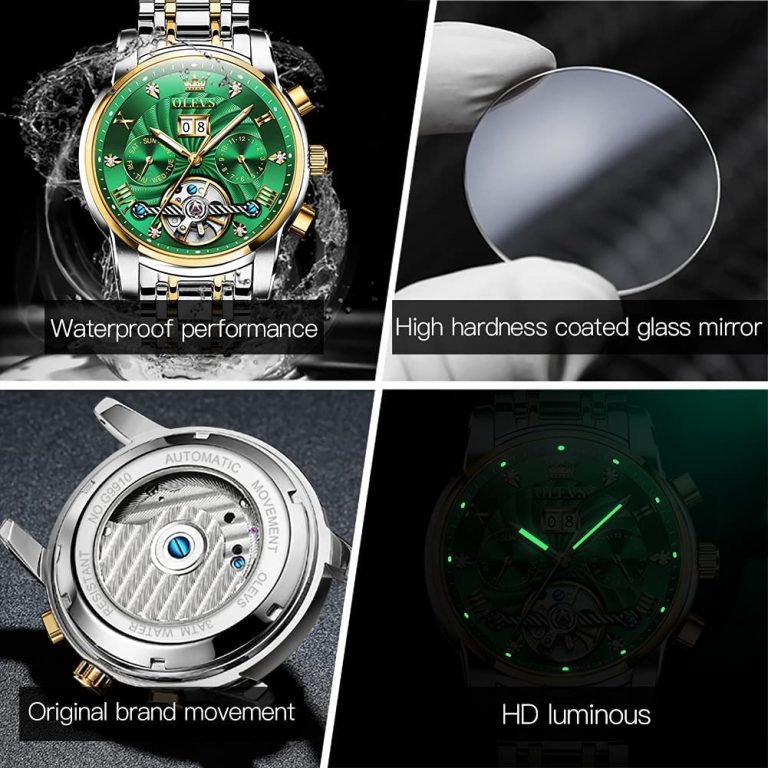 OLEVS Automatic Watches for Men Diamond Skeleton Mechanical Tourbillon Self Winding Luxury Dress Wrist Watches Calendar Luminous Waterproof