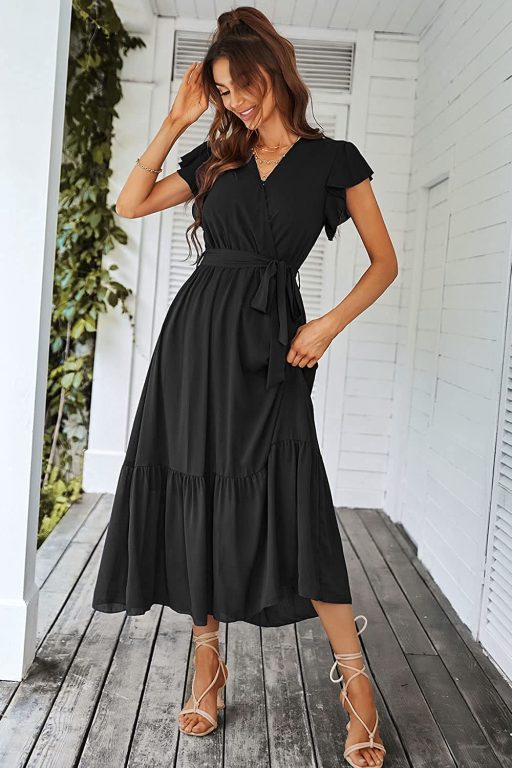 PRETTYGARDEN Women’s 2023 Floral Summer Dress Wrap V Neck Short Sleeve Belted Ruffle Hem A-Line Bohemian Maxi Dresses