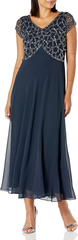 J Kara Women’s Petite Short Sleeve Geo Long Beaded Gown