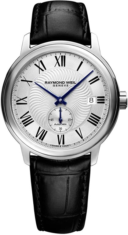 RAYMOND WEIL Maestro Men’s Automatic Watch, Stainless Steel, Silver Dial Roman Numerals, Black Leather Strap 39.5 mm (Model: 2238-STC-00659)