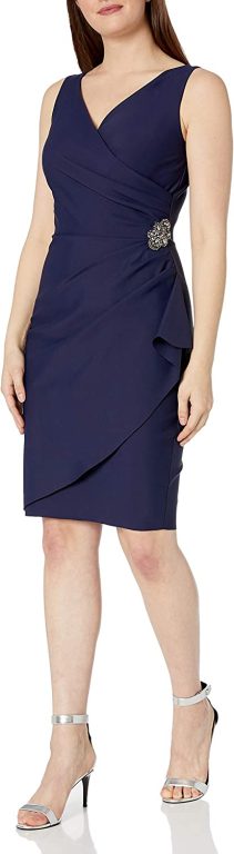 Alex Evenings Women’s Slimming Short Ruched Dress with Ruffle(Petite and Regular)