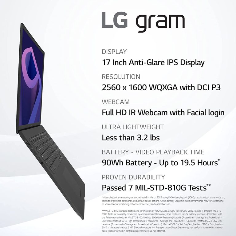 LG gram (2022) 17Z90Q Ultra Lightweight Laptop, 17″ (2560 x 1600) IPS Display, Intel Evo 12th Gen i7 1260P Processor, 16GB LPDDR5, 1TB NVMe SSD, FHD Webcam, WiFi 6E, Thunderbolt 4, Windows 11, Black