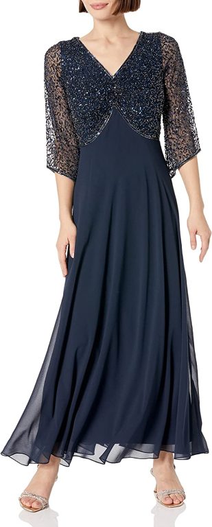 J Kara Women’s Petite 3/4 Sleeve V-Neck Embellished Top Long Dress