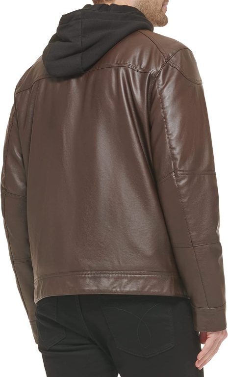 Calvin Klein Men’s Faux Lamb Leather Moto Jacket with Removable Hood and Bib