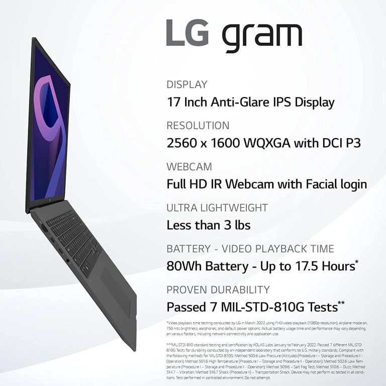 LG gram (2022) 17Z90Q Ultra Lightweight Laptop, 17″ (2560 x 1600) IPS Display, Intel Evo 12th Gen i7 1260P Processor, 32GB LPDDR5, 2TB NVMe SSD, FHD Webcam, WiFi 6E, Thunderbolt 4, Windows 11, Black