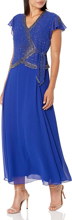 J Kara Women’s Petite Faux Wrap Long Dress W/Flutter Sleeve