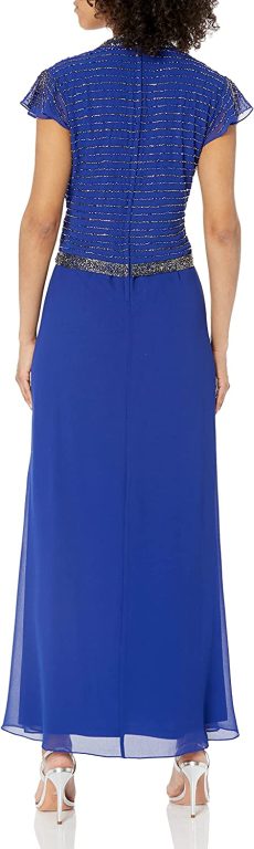 J Kara Women’s Faux Wrap Long Dress W/Flutter Sleeve