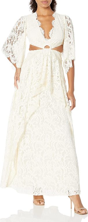 BCBGMAXAZRIA Women’s Fit and Flare Elbow Sleeve Back Cutout Lace Trim Maxi Evening Dress