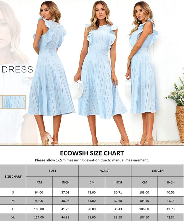 ECOWISH Womens Dresses Elegant Wedding Cocktail Ruffle Cap Sleeves Summer A-Line Midi Dress