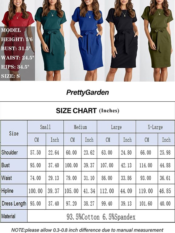 PRETTYGARDEN Women’s Summer Short Sleeve Crewneck Striped Dress Basic Solid Tie Waist Office T Shirt Dresses Pockets