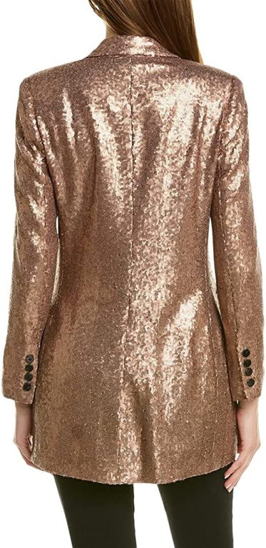 BCBGMAXAZRIA Women’s Relaxed Double Breasted Sequin Blazer Long Sleeve Peak Lapel Pocket Button Front Jacket