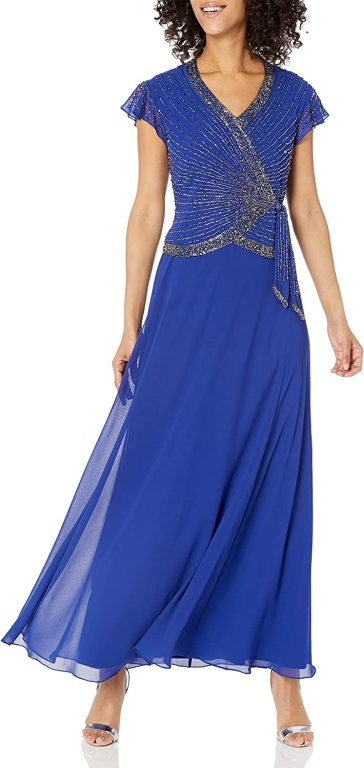 J Kara Women’s Faux Wrap Long Dress W/Flutter Sleeve