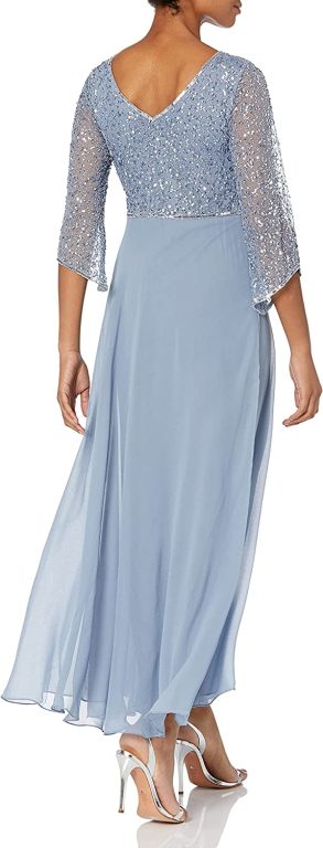 J Kara Women’s Petite 3/4 Sleeve V-Neck Beaded Top Long Gown