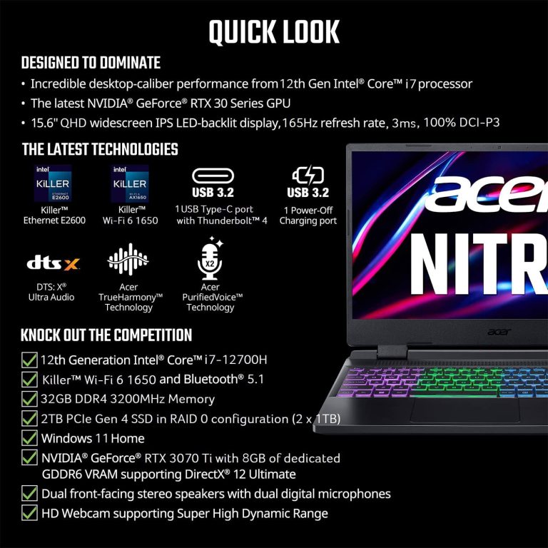 Acer Nitro 5 AN515-58-7583 Gaming Laptop | Intel Core i7-12700H | NVIDIA GeForce RTX 3070 Ti Laptop GPU | 15.6″ QHD 165Hz 3ms IPS Display | 16GB DDR4 | 2TB SSD in RAID 0 | Killer WiFi 6 | RGB Keyboard