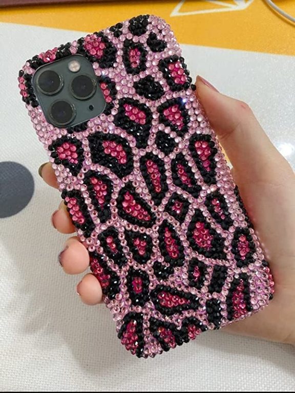 Leopard Animal Print Phone Case Cute Glitter crystal Phone Cases Customize Gifts Phone Case Leopard Print Pink/Brown for iPhone 11/12/13/14/XR/XS Max/7/8 Plus