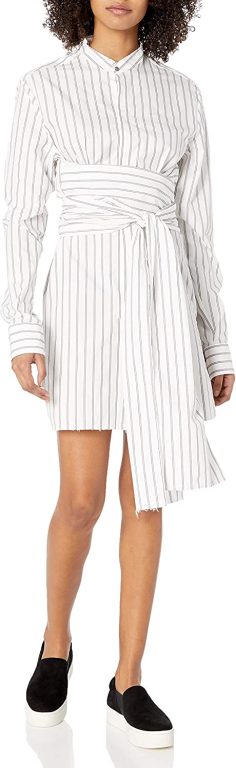 Baja East Women’s Wide Stripe Poplin Tshirt Dress with Tie, Woodstock, 2