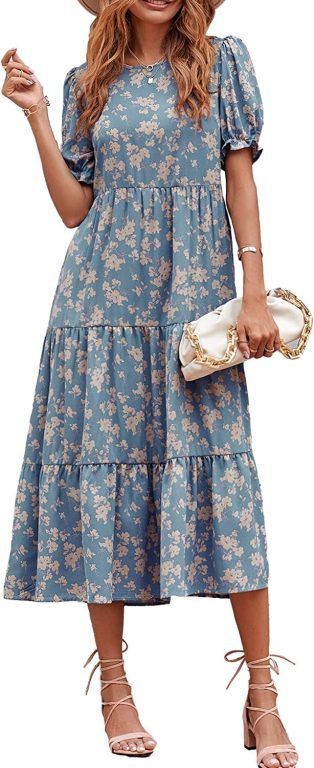 PRETTYGARDEN Women’s Summer Casual Boho Dress Floral Print Ruffle Puff Sleeve High Waist Midi Beach Dresses