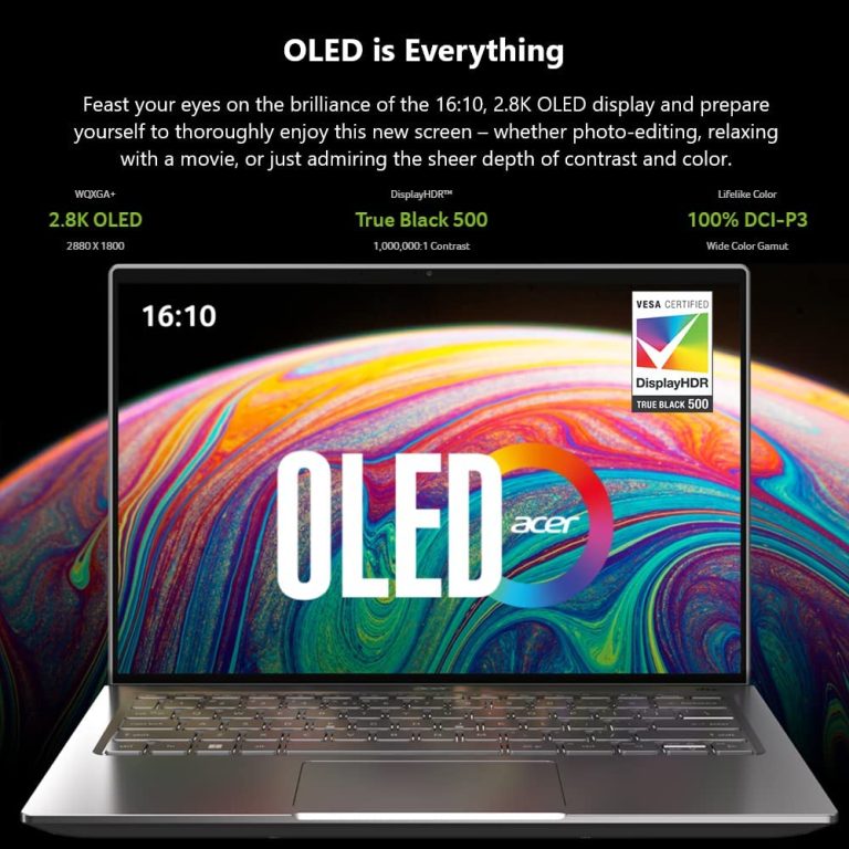 Acer Swift 3 OLED Intel Evo Thin & Light Laptop | 14″ OLED 2880×1800 | Intel Core i7-12700H | Intel Iris Xe Graphics | 16GB LPDDR5 | 1TB SSD | Killer Wi-Fi 6E AX1675 | Windows 11 Home | SF314-71-75MW