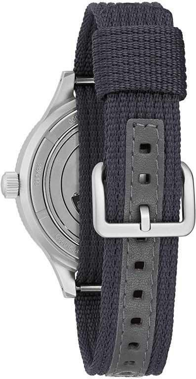 Bulova Men’s Archive Series MIL-SHIPS-W-2181 Stainless Steel 3-Hand Hack Automatic Watch, Grey Nylon Strap and Black Matte Dial Style: 98A266