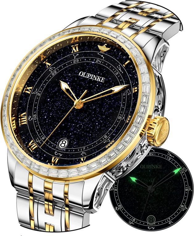 OUPINKE Men Watches Luxury Starry Diamonds Automatic Mechanical Sky Constellation Dial 5ATM Waterproof Date Luminous with Sapphire and Tungsten Steel Wrist Watch