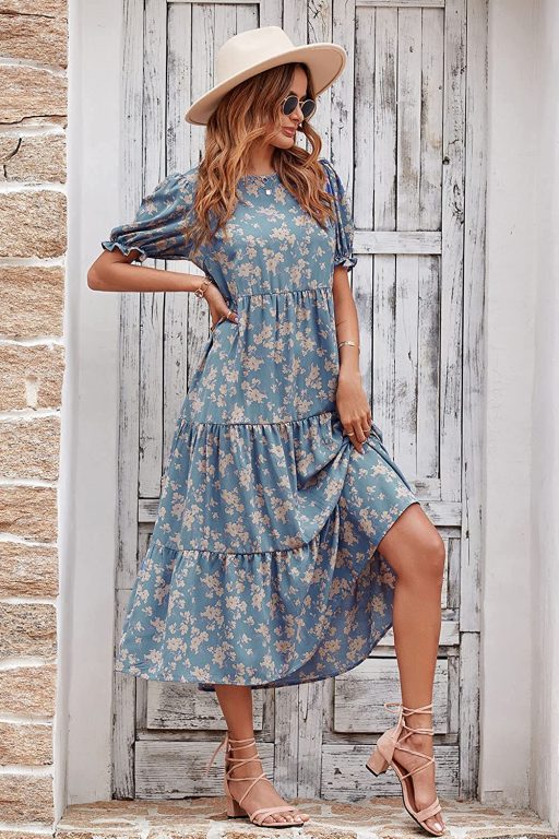 PRETTYGARDEN Women’s Summer Casual Boho Dress Floral Print Ruffle Puff Sleeve High Waist Midi Beach Dresses