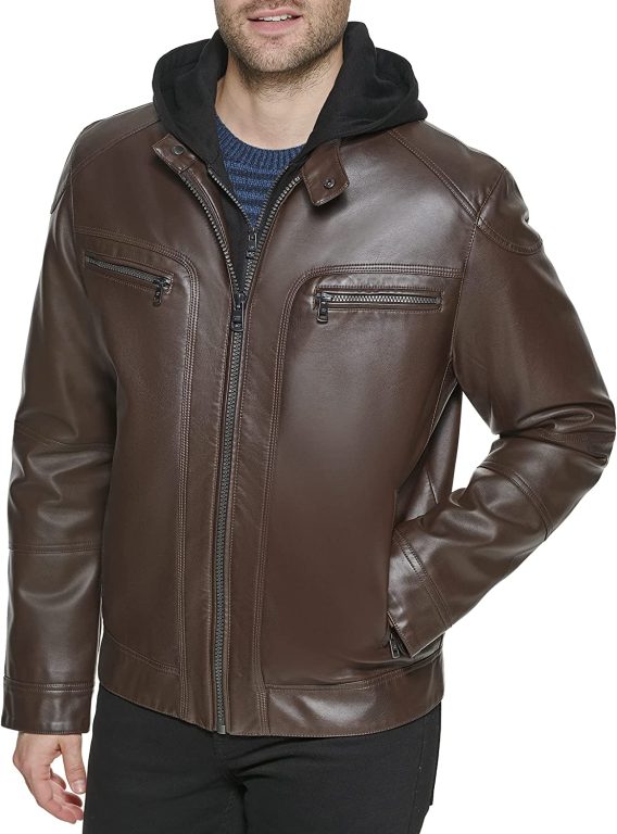 Calvin Klein Men’s Faux Lamb Leather Moto Jacket with Removable Hood and Bib