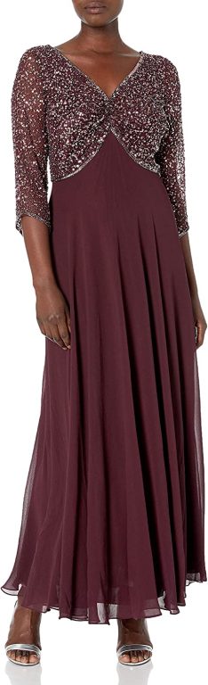 J Kara Women’s 3/4 Sleeve V-Neck Beaded Top Long Gown