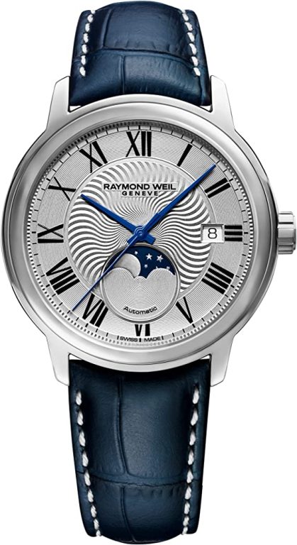 RAYMOND WEIL Maestro Men’s Automatic Watch, Silver Dial Roman Numerals, Moon Phase, Blue Leather Strap 39.5 mm (Model: 2239-STC-00659)