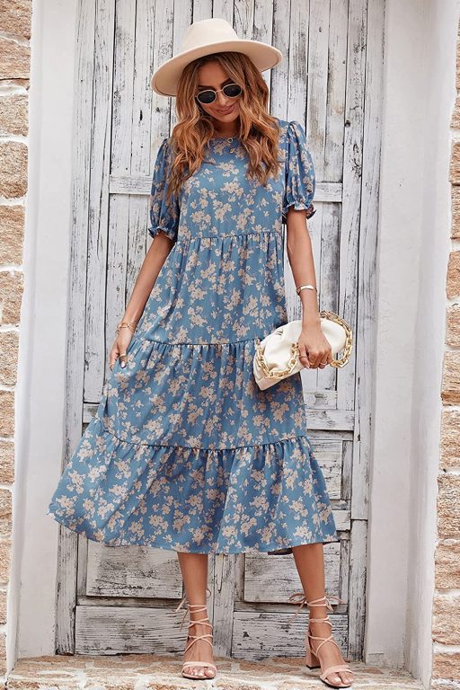 PRETTYGARDEN Women’s Summer Casual Boho Dress Floral Print Ruffle Puff Sleeve High Waist Midi Beach Dresses